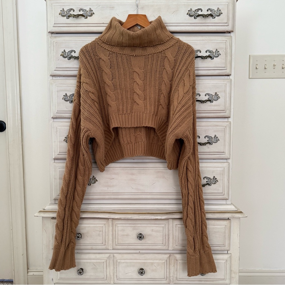 Vici Cropped Cable Knit Turtleneck Sweater in Camel Brown